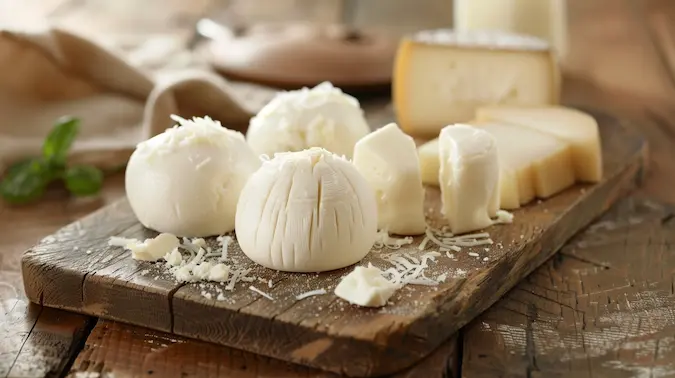 Fresh-Soft Cheese on a wooden board with a rustic background