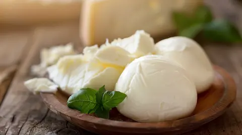 Mozzarella on a wooden plate with a rustic background
