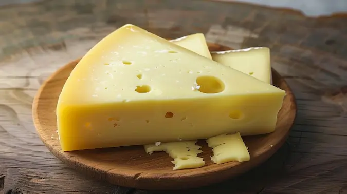 Jarlsberg on a wooden plate with a rustic background