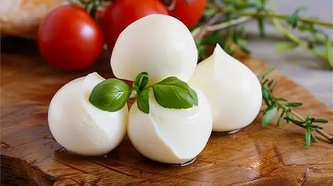 Bocconcini on a wooden plate with a rustic background