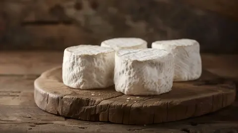 Fresh-Firm Cheese on a wooden board with a rustic background