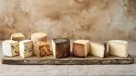 Cheese Types on a wooden board with' a rustic background