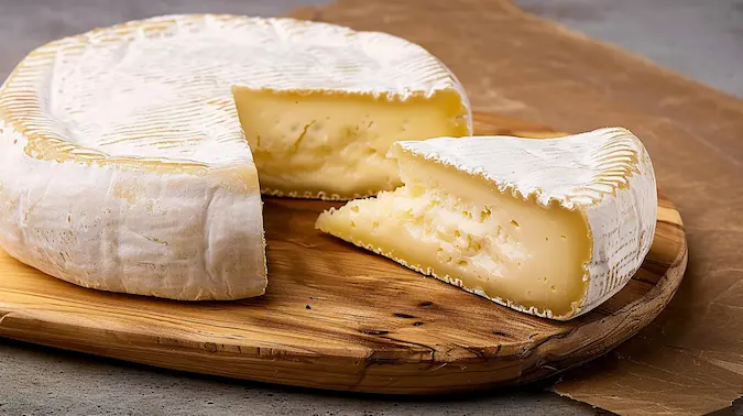 Reblochon on a wooden plate with a rustic background