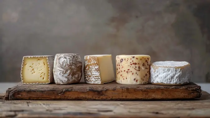 Artisan Cheese on a wooden board with a rustic background