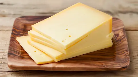 American Cheese on a wooden plate with a rustic background