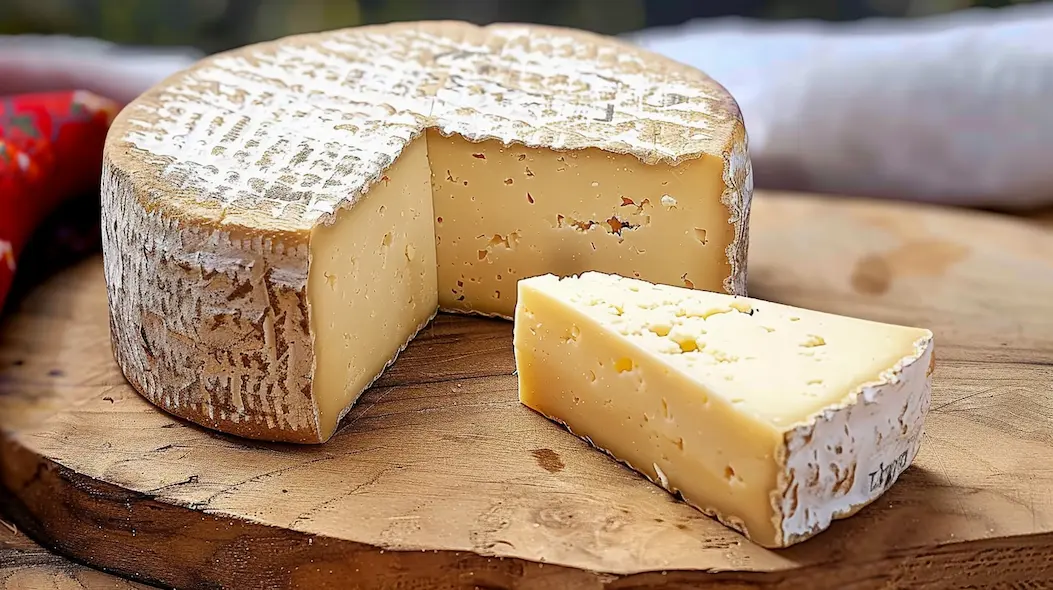 Tomme on a wooden plate with a rustic background