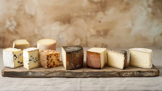 Cheese Types on a wooden board with' a rustic background