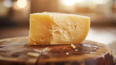 Hard Cheese on a wooden board with a rustic background