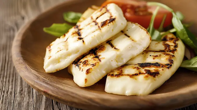 Halloumi on a wooden plate with a rustic background