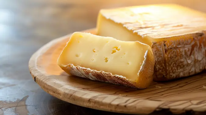 Truffle Cheese on a wooden plate with a rustic background