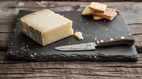 A piece of cheese with a knife on a black stone cuttting board with crackers in the background