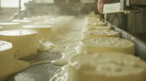 Cheese on a factory assembly line