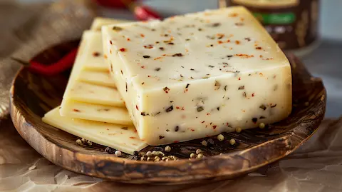 Pepper Jack on a wooden plate with a rustic background