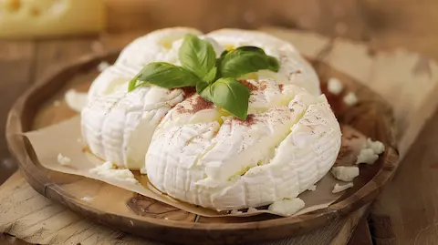 Fior Di Latte on a wooden plate with a rustic background