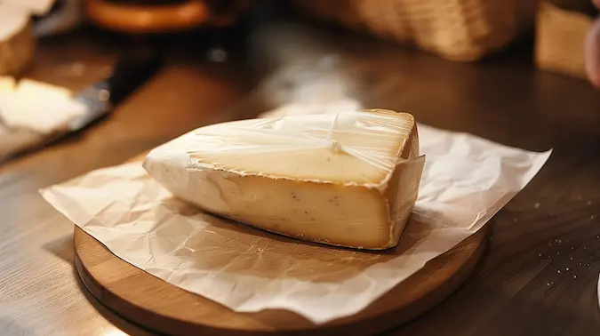 A cheese wrapped in plastic on a brown piece of wrapping paper on a cutting board in a kitchen