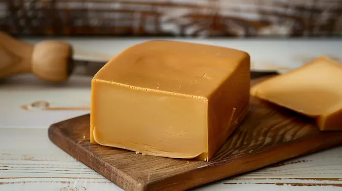 Brunost on a wooden plate with a rustic background