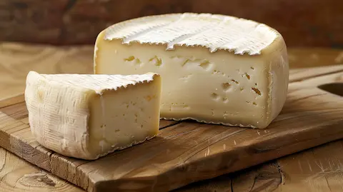 Taleggio on a wooden plate with a rustic background