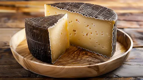 Manchego on a wooden plate with a rustic background