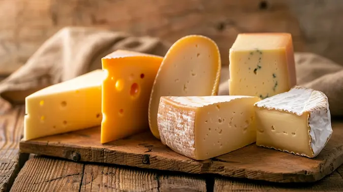 Firm Cheese on a wooden board with a rustic background