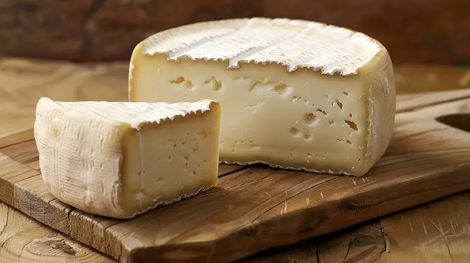 Taleggio on a wooden plate with a rustic background