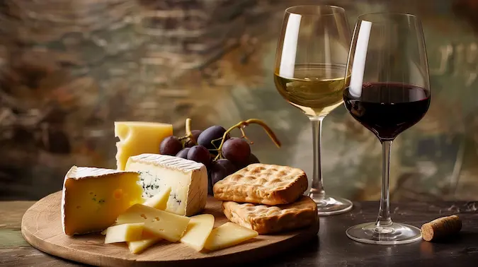 A cheese board setting with a class of red and white wine
