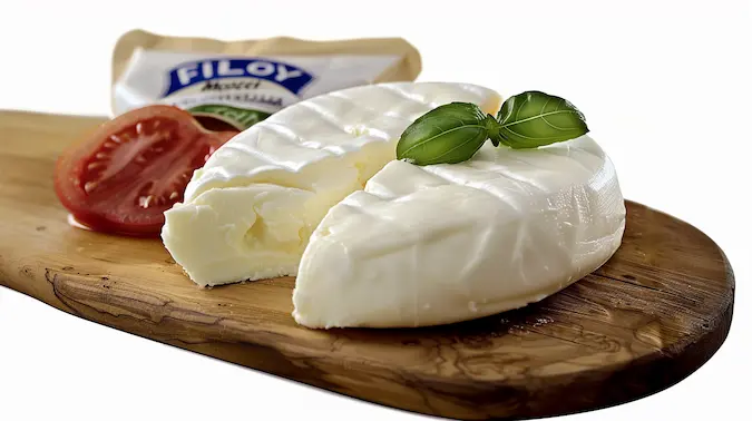 Fior Di Latte Mozzarella on a wooden plate with a rustic background